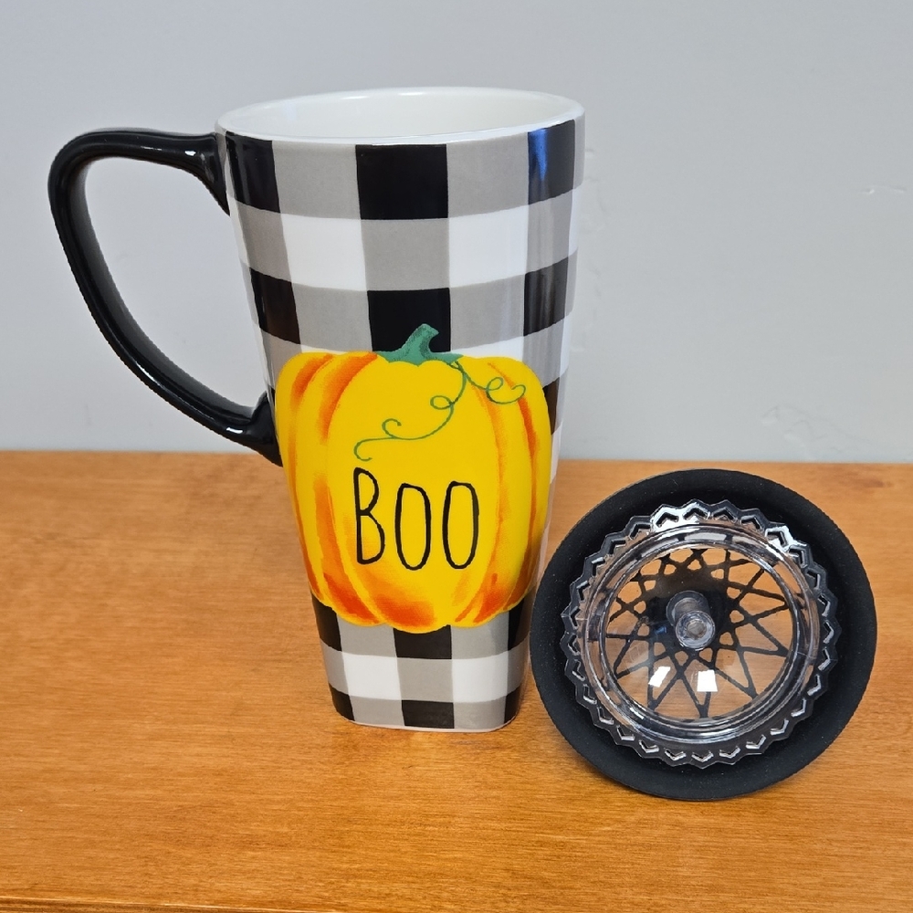 Black and White Checkered Cermaic Mug with Pumpkin Design BOO